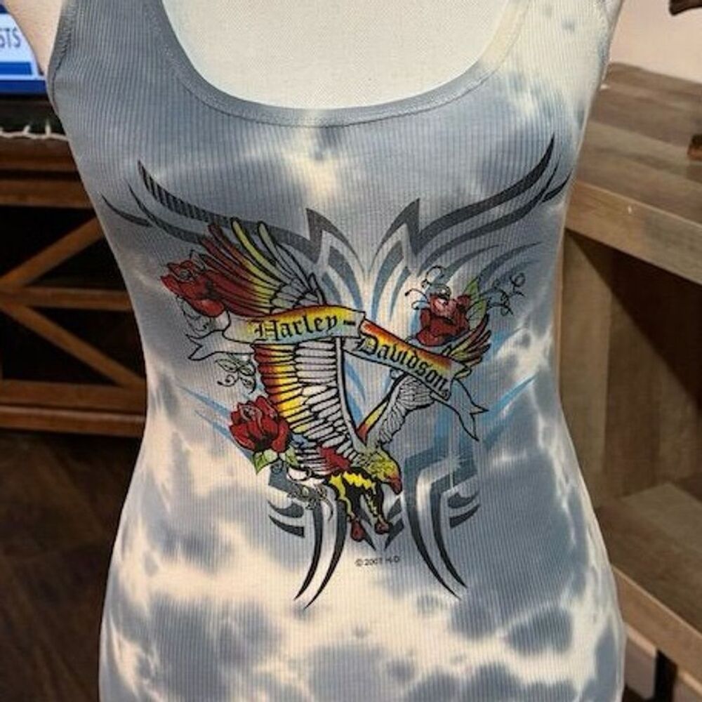 HARLEY DAVIDSON Women's Vintage Blue Ribbed Graphic Tank Top Tie Dye Small S NWT